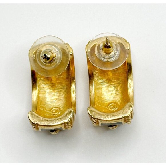 Swarovski Swan Signed Pierced Earrings Black Enamel Clear Crystal Half Hoop - Picture 4 of 5